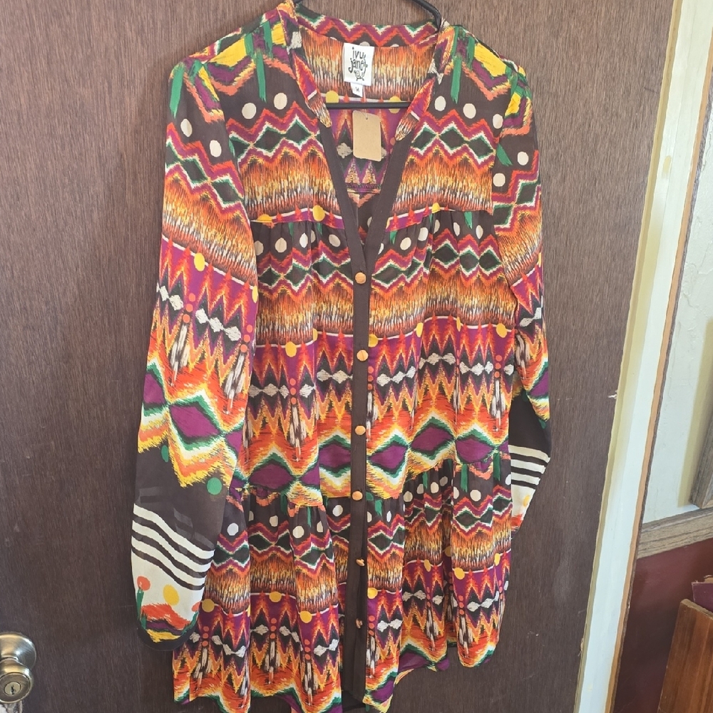 ivy jane Multicolor Long-Sleeve Button Front Dress — Orange, Red, Green, Brown